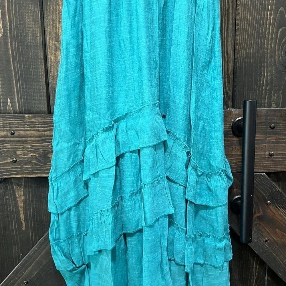 J Gee Maxi Dress S Teal Green‎ Blue Tiered Ruffle Boho Smocked Flutter Lace Trim - Picture 11 of 14